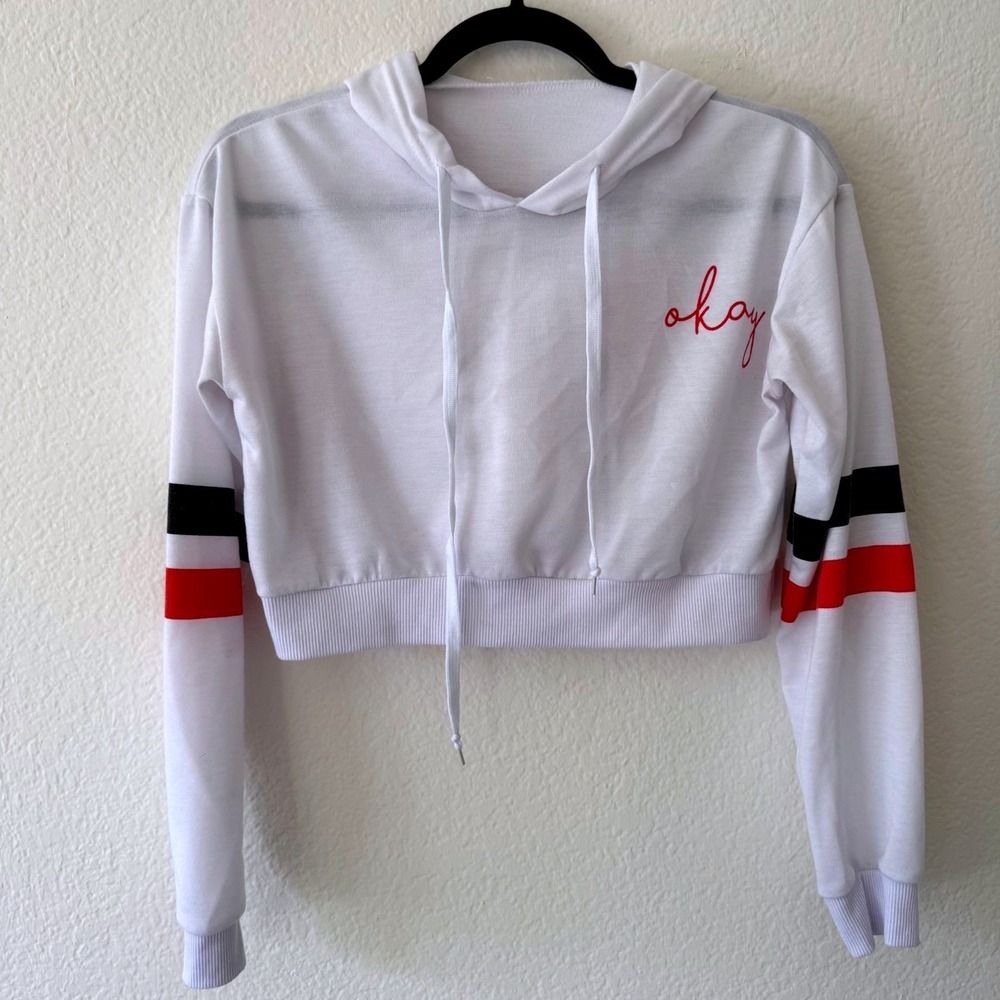 Cropped Hoodie Women Small White Okay Script Stripe Sleeve Sweatshirt